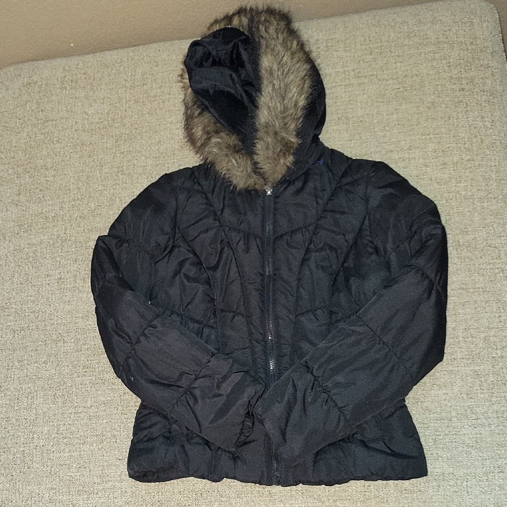 Pink Envelope Dark Puffer with Faux Fur Trim